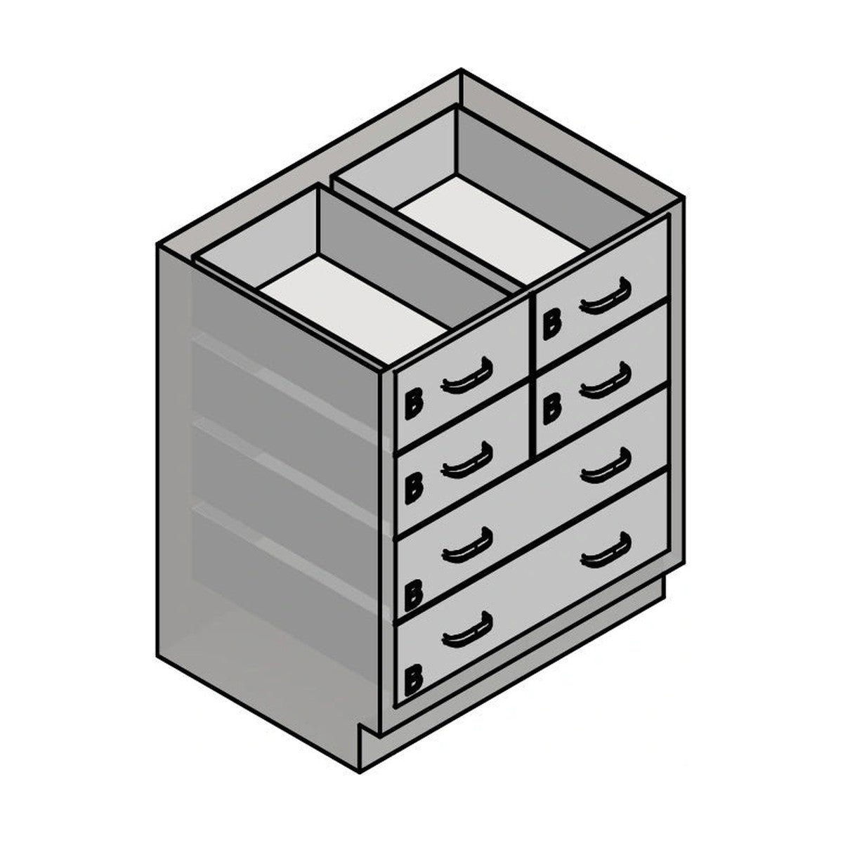 USPE USPE-CW-2415 lab base cabinet with 4 medium top drawers over 2 full-width medium drawers, line drawing view