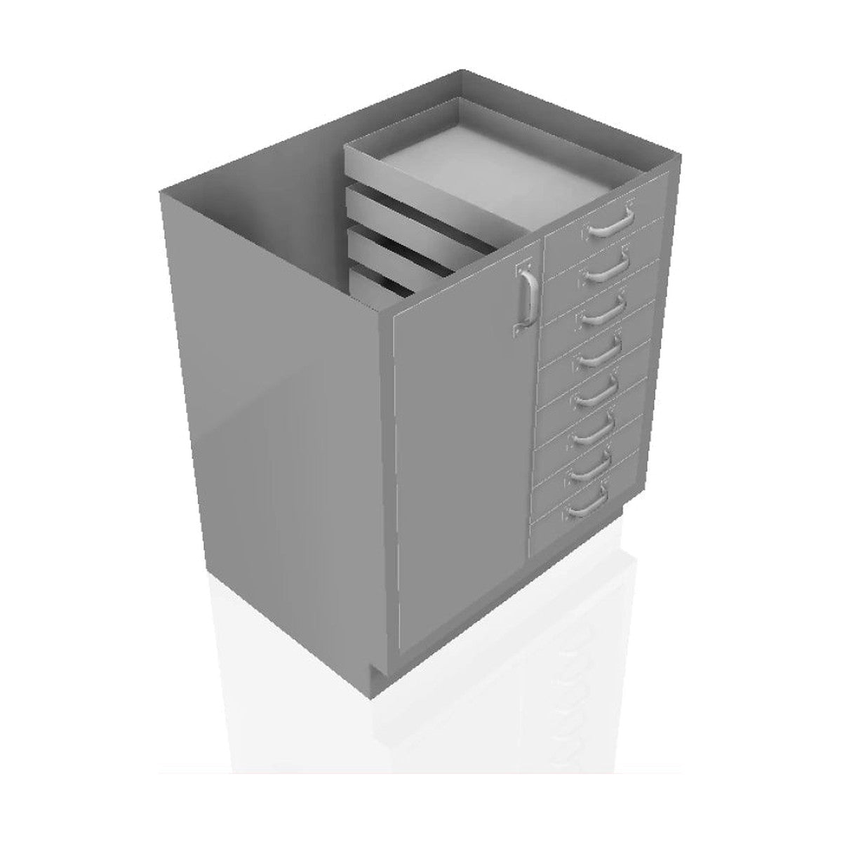 USPE USPE-CW-2419 lab base cabinet with 8 small drawers beside 1 full-height cabinet door, front perspective view
