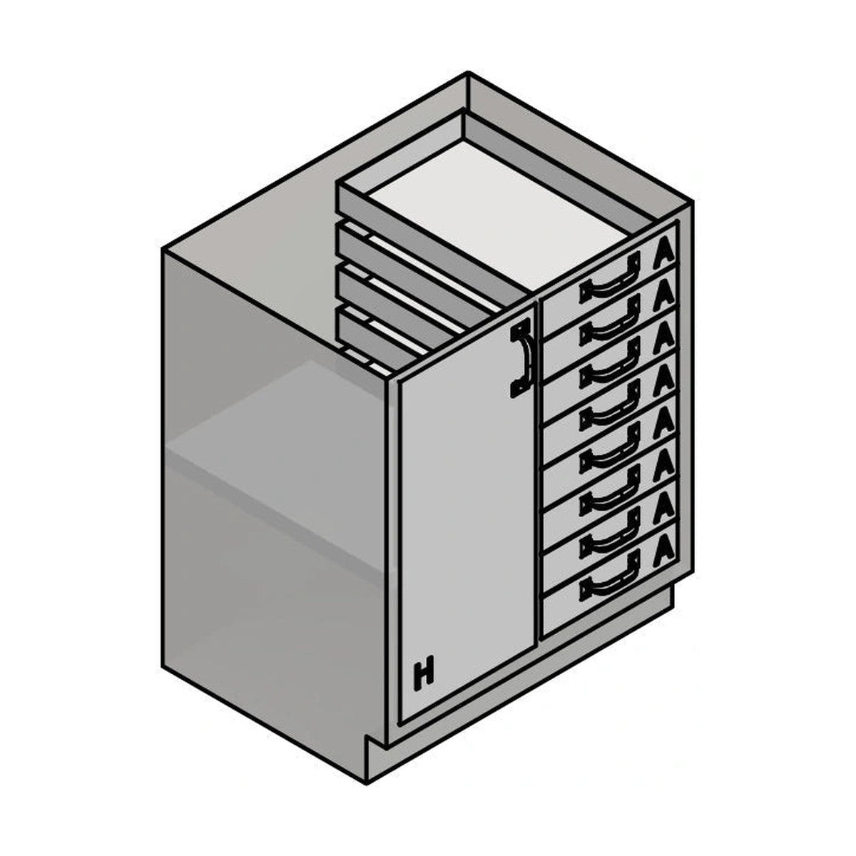 USPE USPE-CW-2419 lab base cabinet with 8 small drawers beside 1 full-height cabinet door, line drawing view