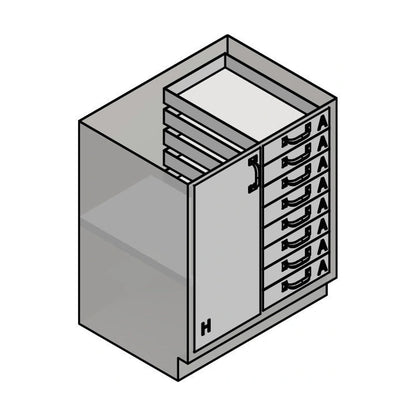 USPE USPE-CW-2419 lab base cabinet with 8 small drawers beside 1 full-height cabinet door, line drawing view