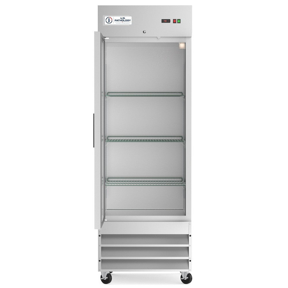USPE 29" Left-Hinged Solid Door Lab Refrigerator, 20.6 Cu. Ft. (USPE-LR1-29SL), doors open interior