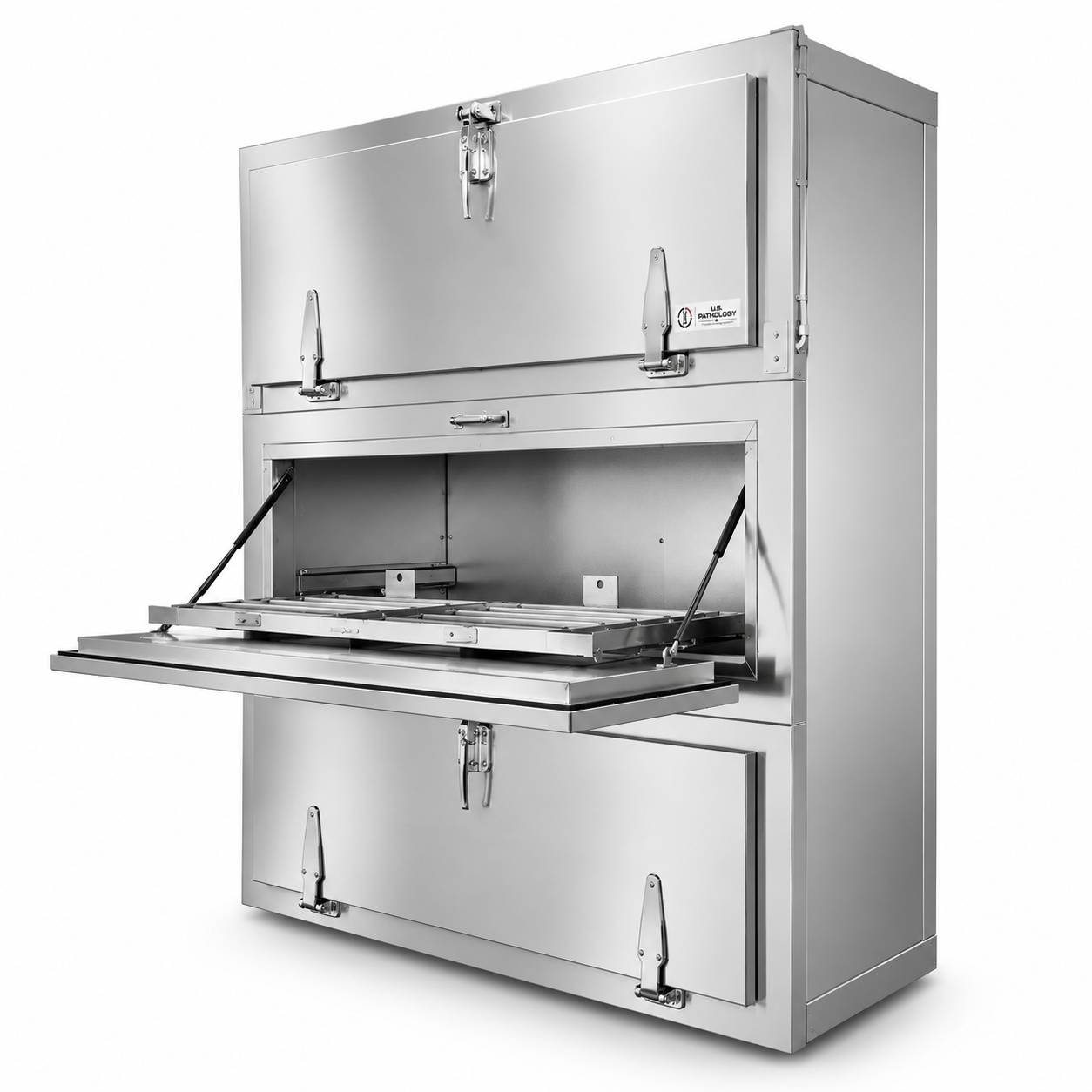 USPE 3-body vault-style side-load morgue cooler — stainless individual-bay cadaver storage, Model 1070-3MBS