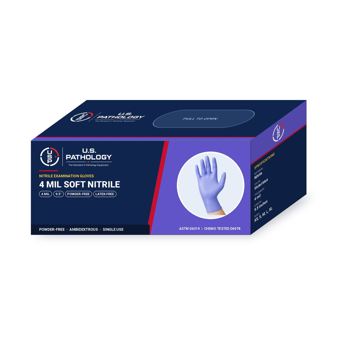 USPE 4 Mil Soft Nitrile Exam Gloves dispenser box showing 4 mil, 9.5-inch length, powder-free and ASTM specifications