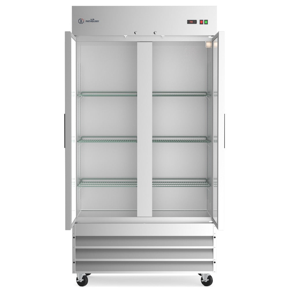 USPE 40" Two-Door Solid Lab Refrigerator, 27.6 Cu. Ft., doors open interior