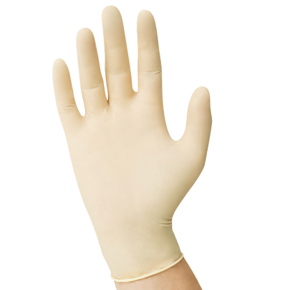 USPE 5.5 mil textured latex exam glove in natural, 9.5-inch length, powder-free