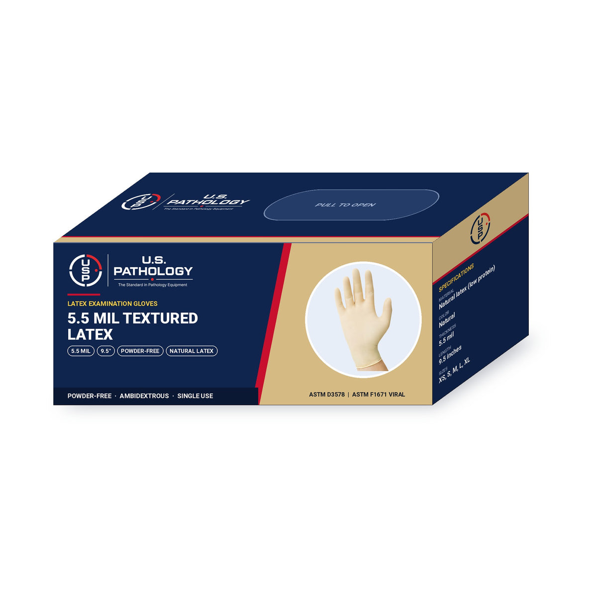 USPE 5.5 Mil Textured Latex Exam Gloves dispenser box showing 5.5 mil, 9.5-inch length, powder-free and ASTM specifications