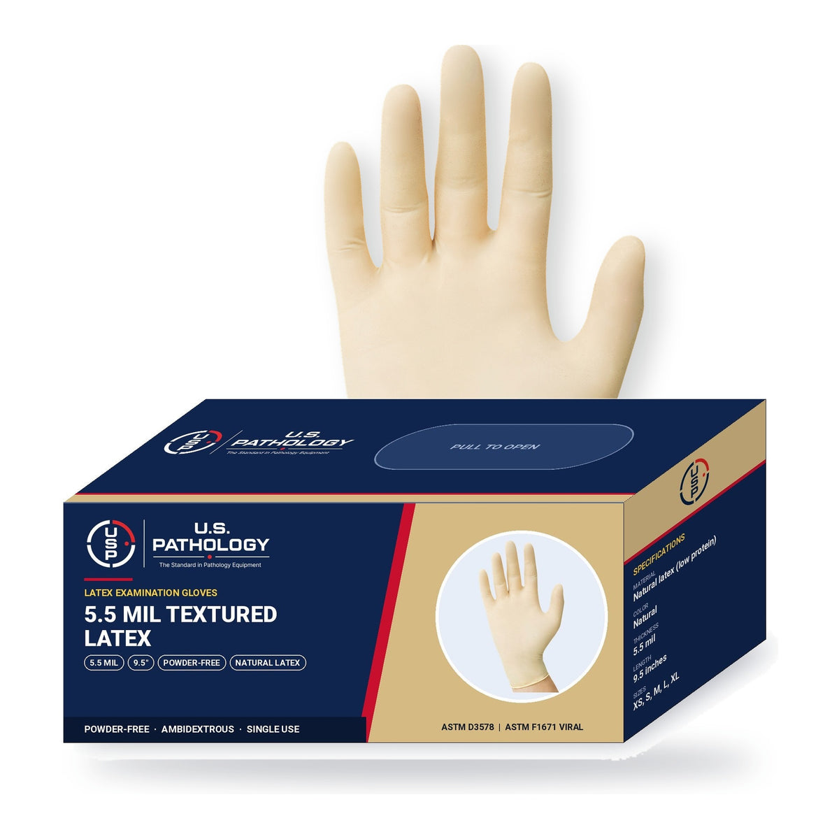 USPE 5.5 Mil Textured Latex Exam Gloves, natural glove with USPE dispenser box, 5.5 mil, 9.5-inch length, powder-free, sold by the case