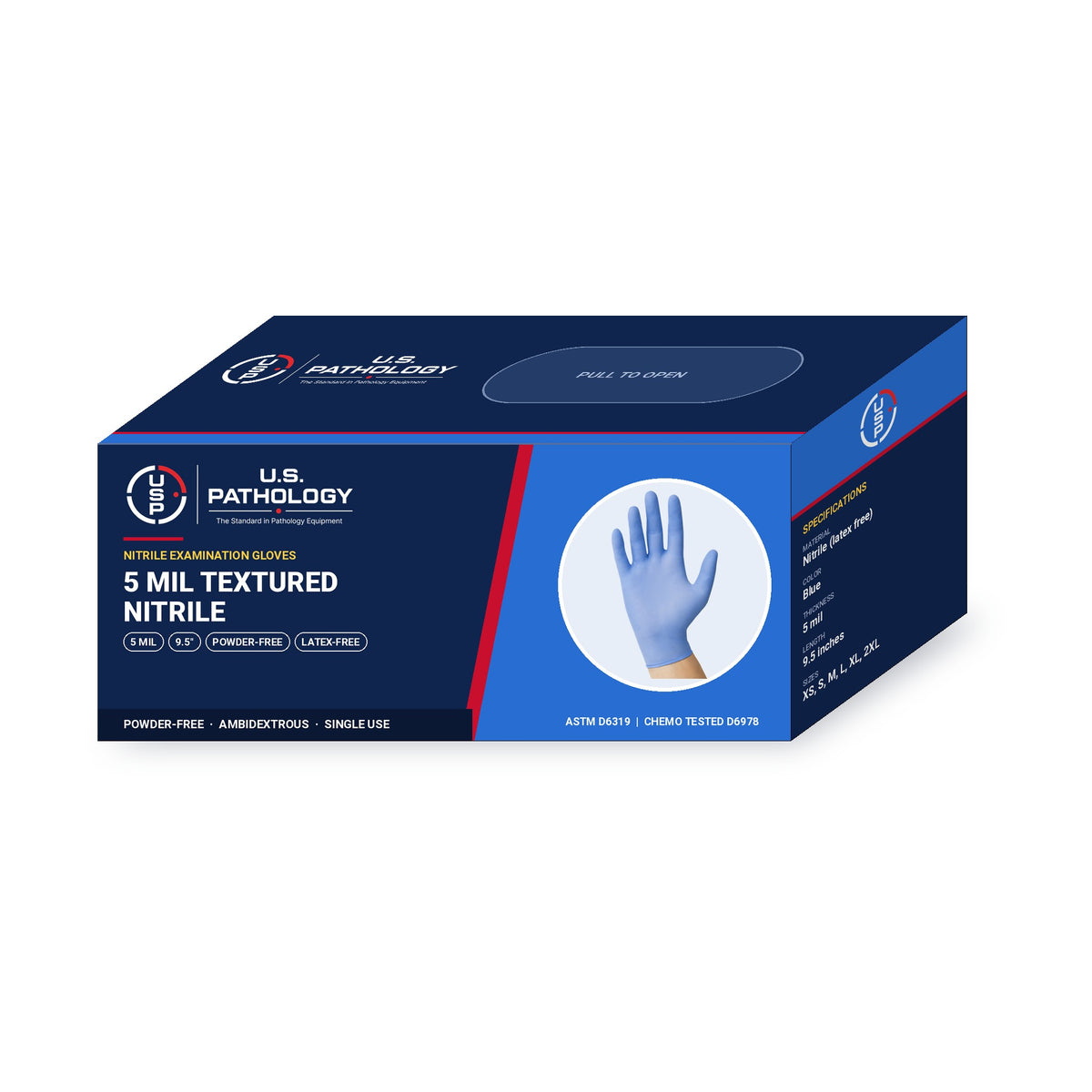USPE 5 Mil Textured Nitrile Exam Gloves dispenser box showing 5 mil, 9.5-inch length, powder-free and ASTM specifications