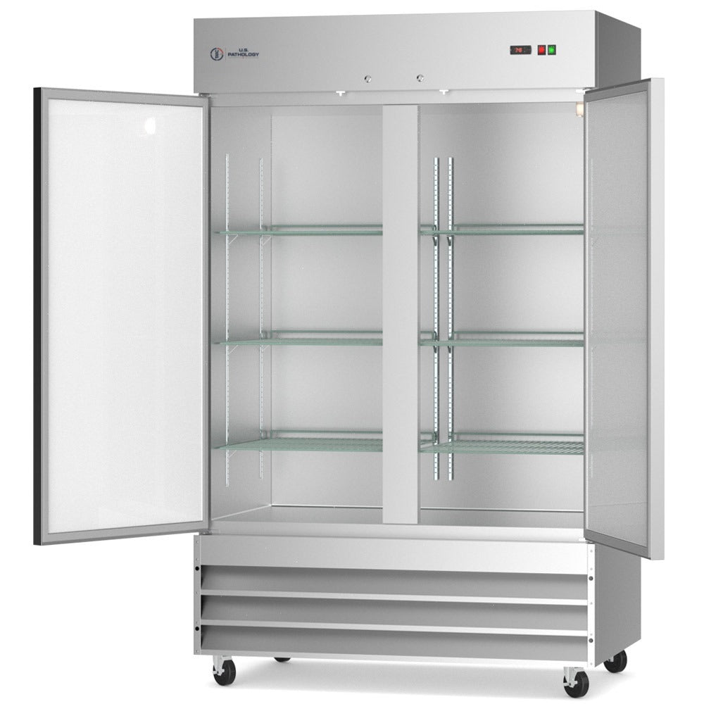 USPE 54" Two-Door Solid Lab Refrigerator, 41.3 Cu. Ft., doors open interior