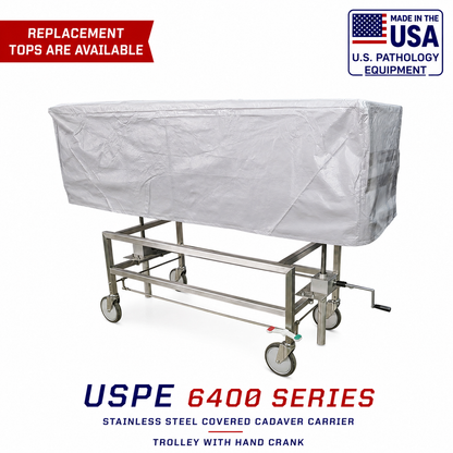 USPE-6400 covered cadaver carrier with hand crank, 304 stainless full-cover trolley, zero-maintenance manual elevation for hospital morgue and university anatomy
