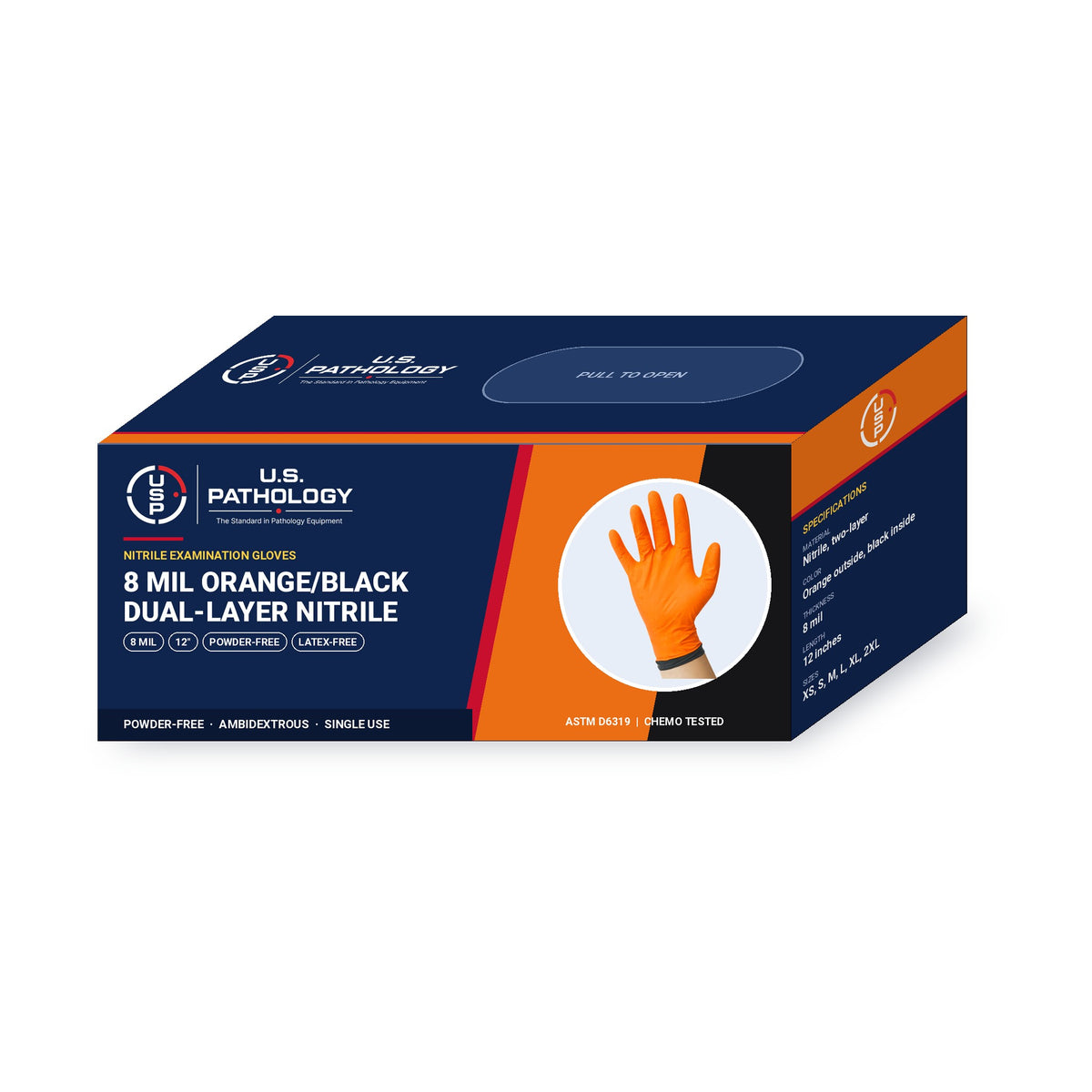 USPE 8 Mil Orange/Black Dual-Layer Nitrile Gloves dispenser box showing 8 mil, 12-inch length, powder-free and ASTM specifications