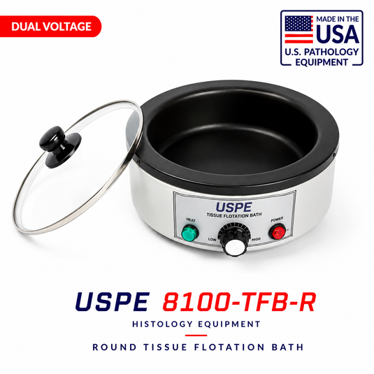 USPE 8100-TFB-R round tissue flotation bath, economy histology water bath with dual voltage, made in USA