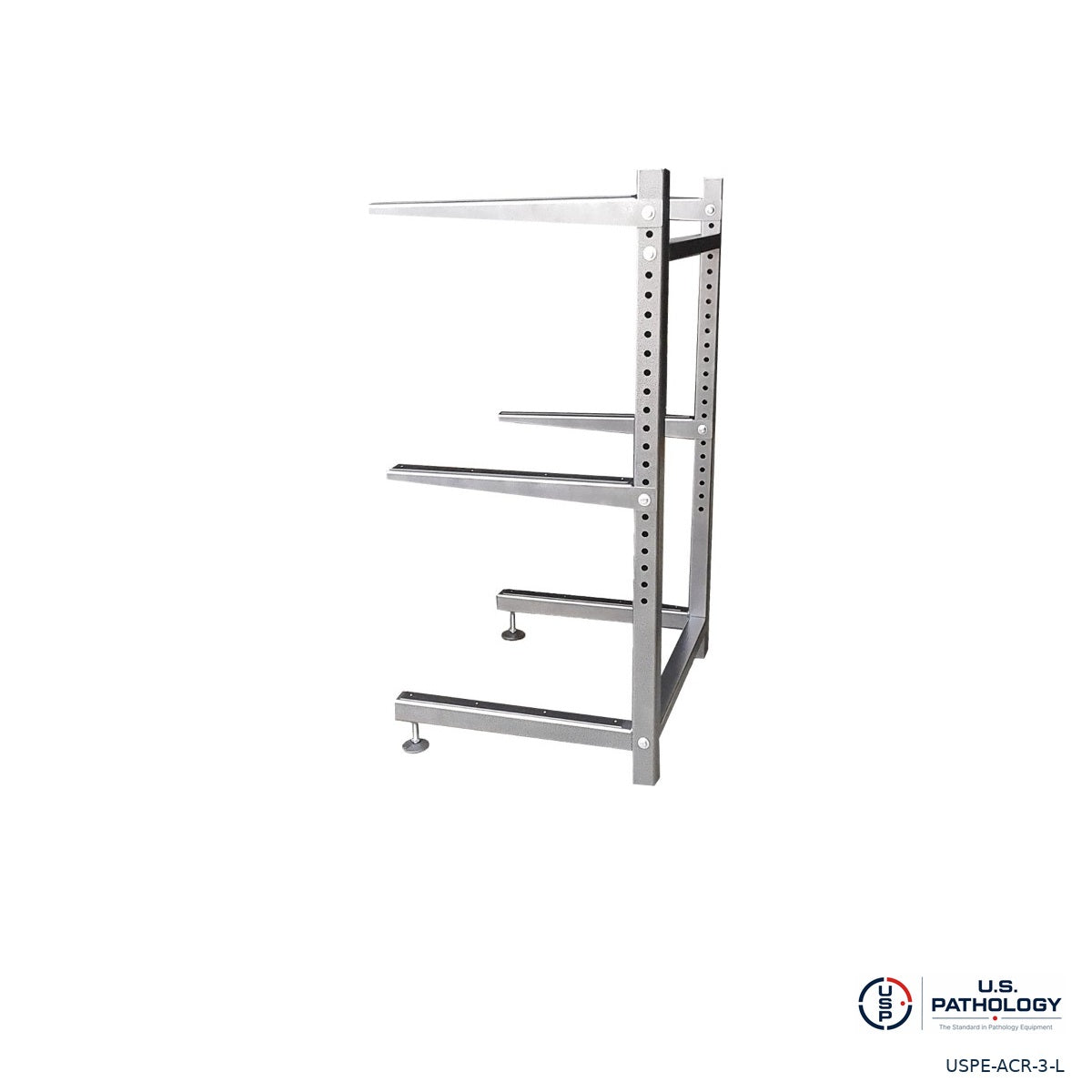 USPE adjustable 3-tier cadaver storage rack, side view of steel uprights and arms
