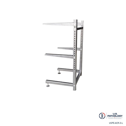 USPE adjustable 3-tier cadaver storage rack, side view of steel uprights and arms