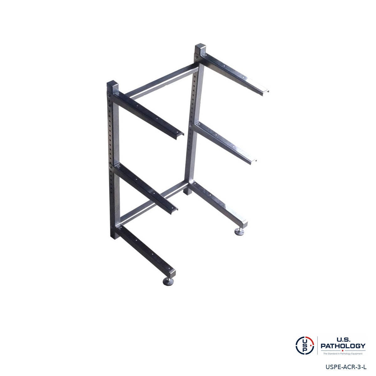 USPE adjustable 3-tier cantilever mortuary rack on leveling feet, angled view