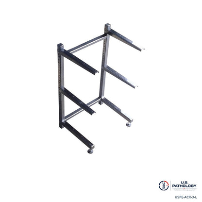USPE adjustable 3-tier cantilever mortuary rack on leveling feet, angled view