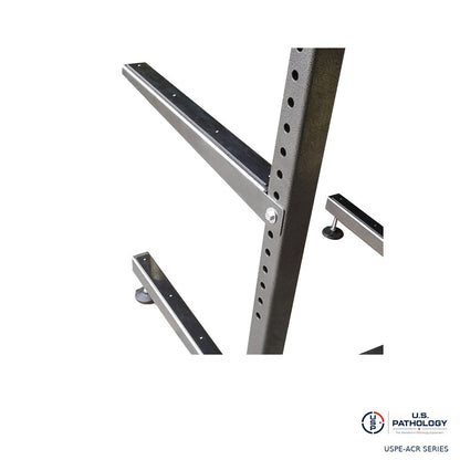 USPE adjustable mortuary rack, close-up of arm mounting bolts and upright adjustment holes