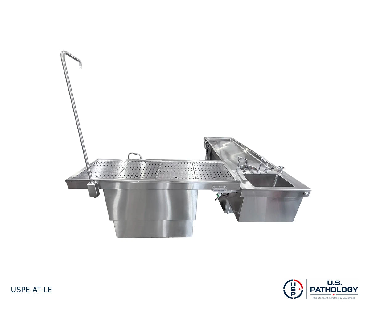 L-Shaped Elevating Autopsy Table, USPE-AT-LE, reference configuration