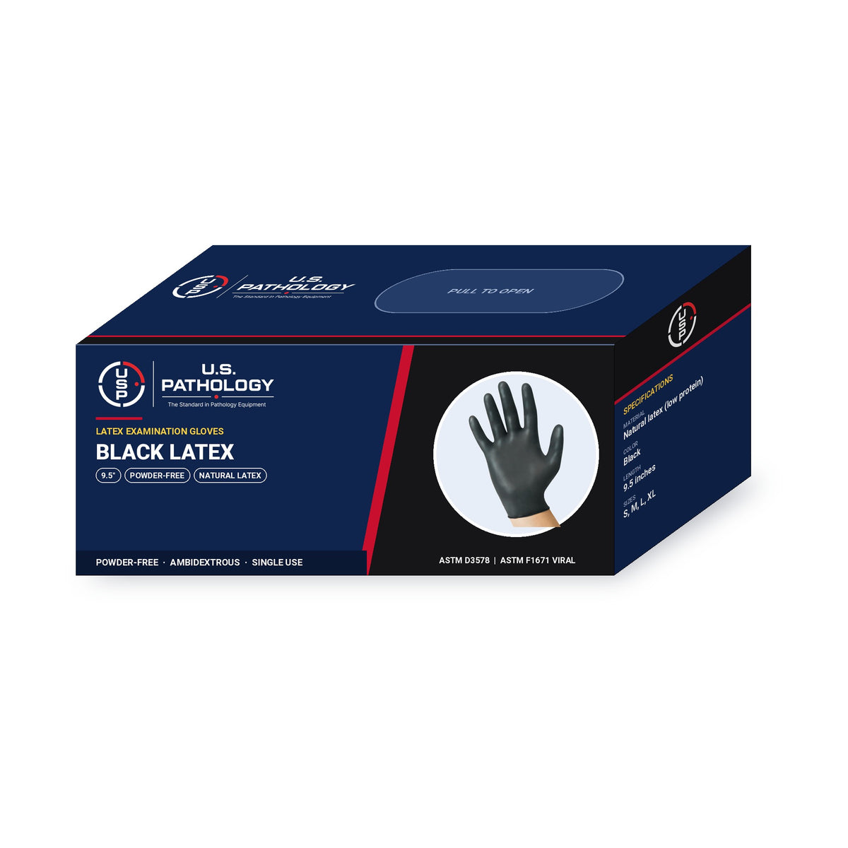 USPE Black Latex Exam Gloves dispenser box showing 9.5-inch length, powder-free and ASTM specifications