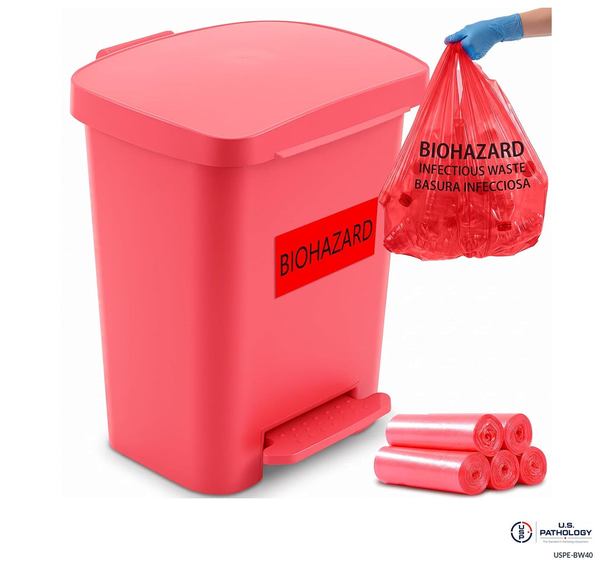 USPE 10.6-Gallon Biohazard Waste Bin & Liners; source-reference image with original safety labels retained; final supplied USPE assembly and glove carton fit unverified