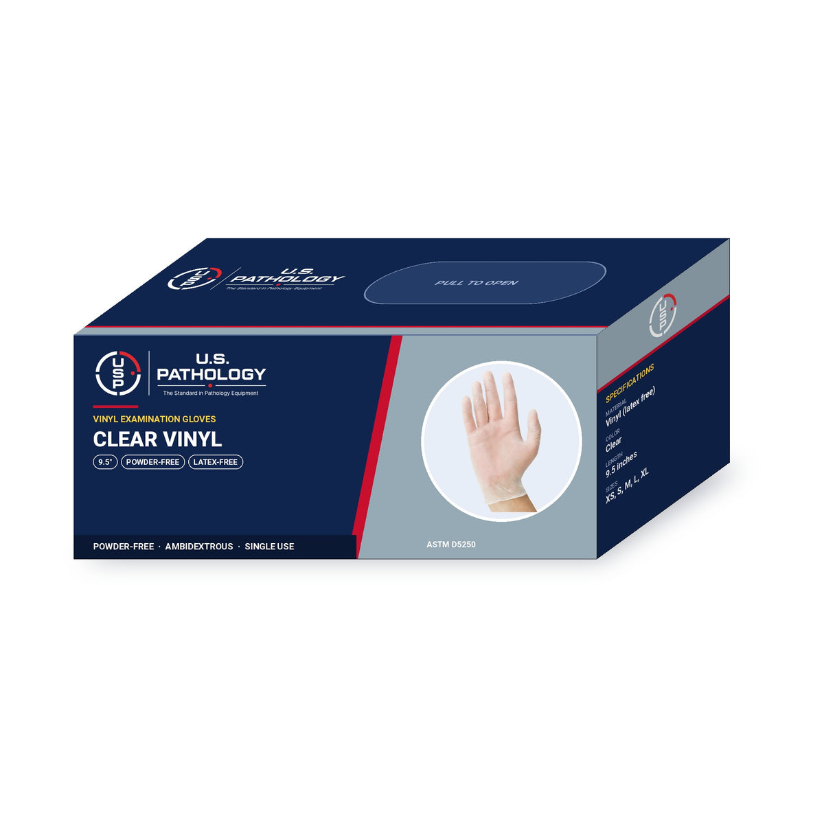 USPE Clear Vinyl Exam Gloves dispenser box showing 9.5-inch length, powder-free and ASTM specifications