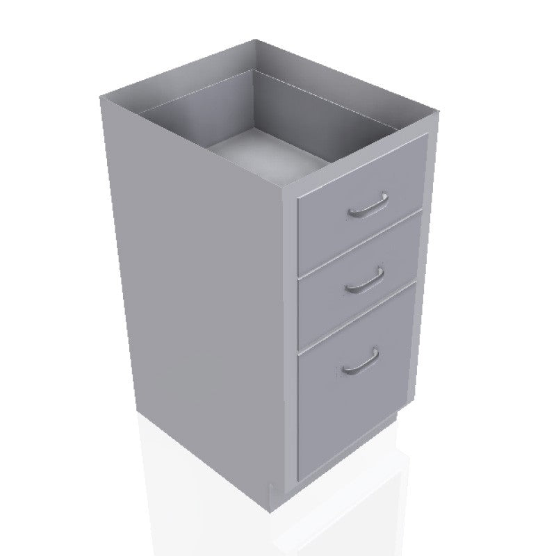 USPE 18 in. Stainless Steel Base Cabinet: 2 Medium Drawers, 1 Extra Large Drawer, USPE-CW-B375; configuration reference, supplied build requires review