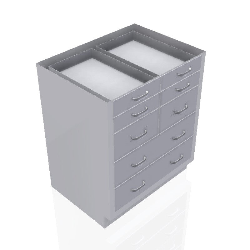 30 in. Stainless Steel Prep Room Base Cabinet: 4 Small Drawers, 2 Medium Drawers, 2 Long Medium Drawers