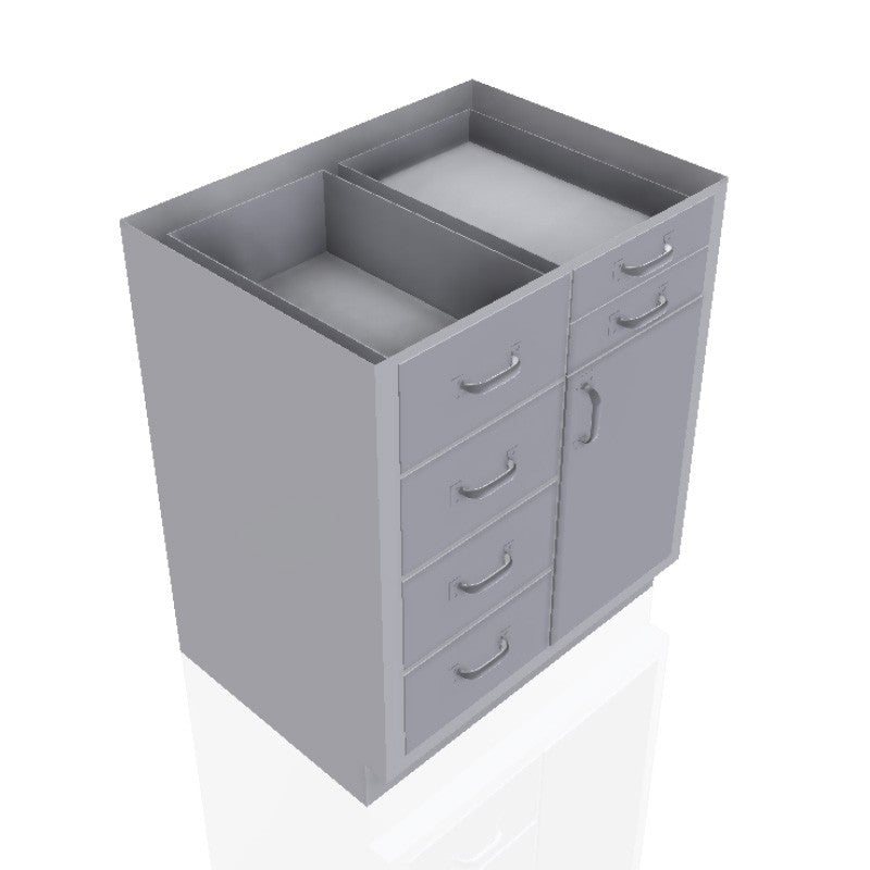 USPE 30 in. Stainless Steel Base Cabinet: 2 Small Drawers, 4 Medium Drawers, Right Door, USPE-CW-B397; configuration reference, supplied build requires review