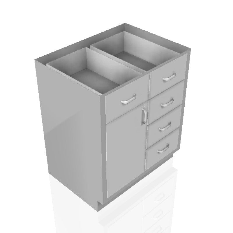 USPE 30 in. Stainless Steel Base Cabinet: 5 Medium Drawers, Left Door, USPE-CW-B402; configuration reference, supplied build requires review