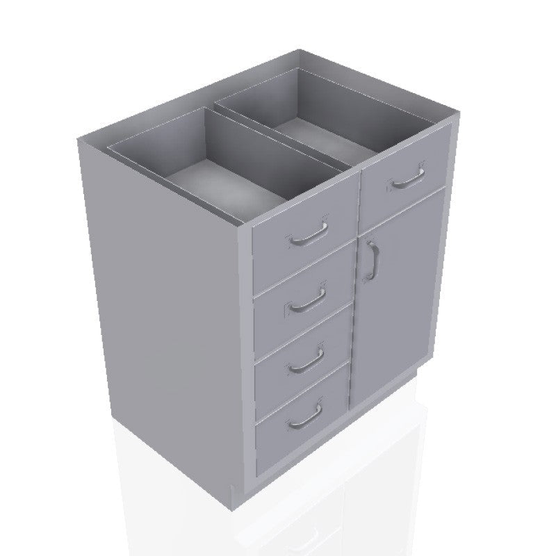 USPE 30 in. Stainless Steel Base Cabinet: 5 Medium Drawers, Right Door, USPE-CW-B403; configuration reference, supplied build requires review