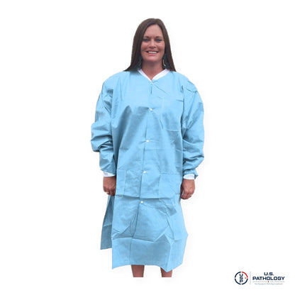 USPE Disposable Embalming Coat – Knee-Length SMS, 10/Pack – Sky Blue