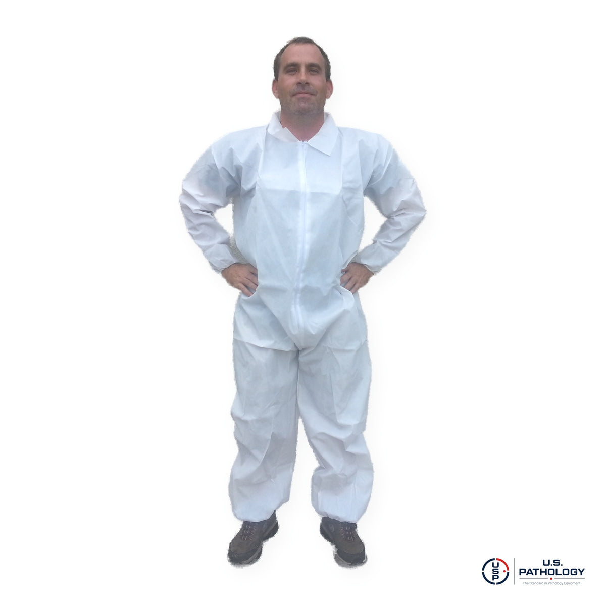 USPE Fluid-Resistant Embalming Coverall, PE-Coated, Elastic Wrists & Ankles – front view