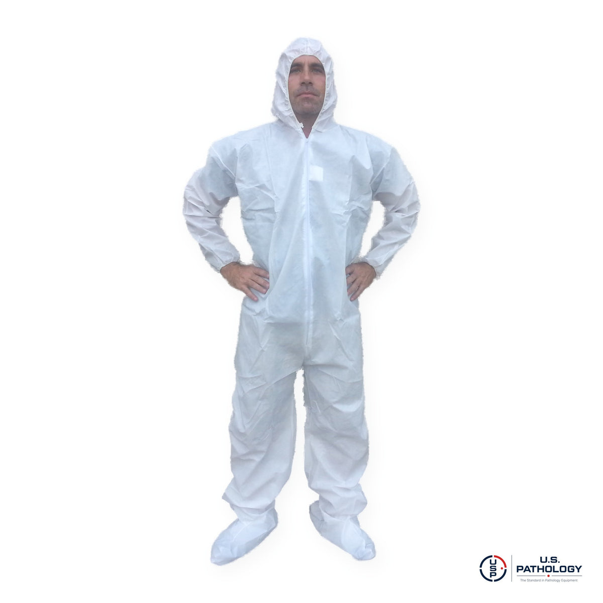 USPE Fluid-Resistant Embalming Coverall, PE-Coated, Attached Hood & Boots – front view