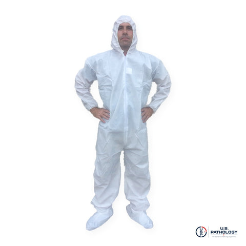 USPE Fluid-Resistant Embalming Coverall, PE-Coated, Attached Hood & Boots – front view