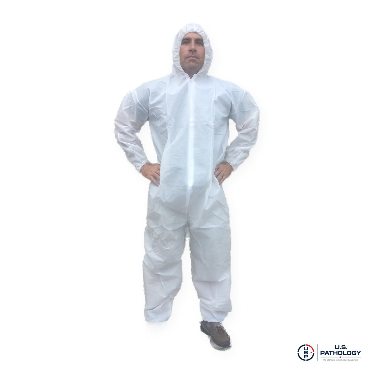 USPE Fluid-Resistant Embalming Coverall, PE-Coated, Attached Hood, Elastic Wrists & Ankles – front view