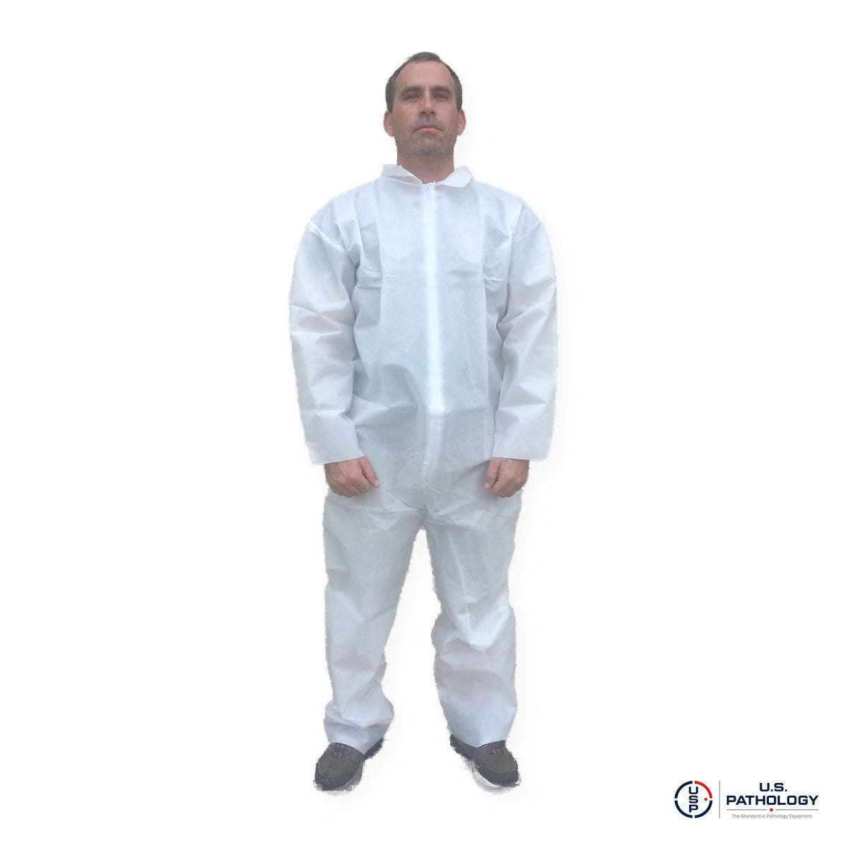 USPE Fluid-Resistant Embalming Coverall, PE-Coated, Zipper Front, Open Wrists & Ankles – front view