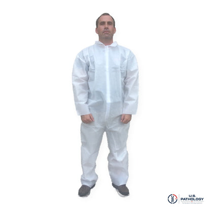 USPE Fluid-Resistant Embalming Coverall, PE-Coated, Zipper Front, Open Wrists & Ankles – front view