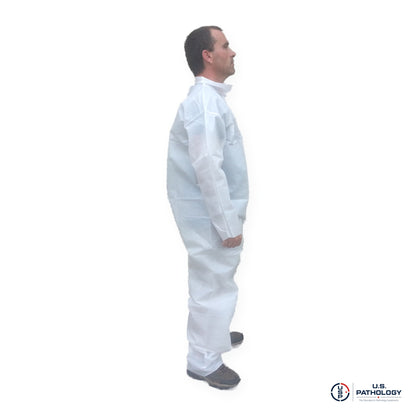 USPE Fluid-Resistant Embalming Coverall, PE-Coated, Zipper Front, Open Wrists & Ankles – side view
