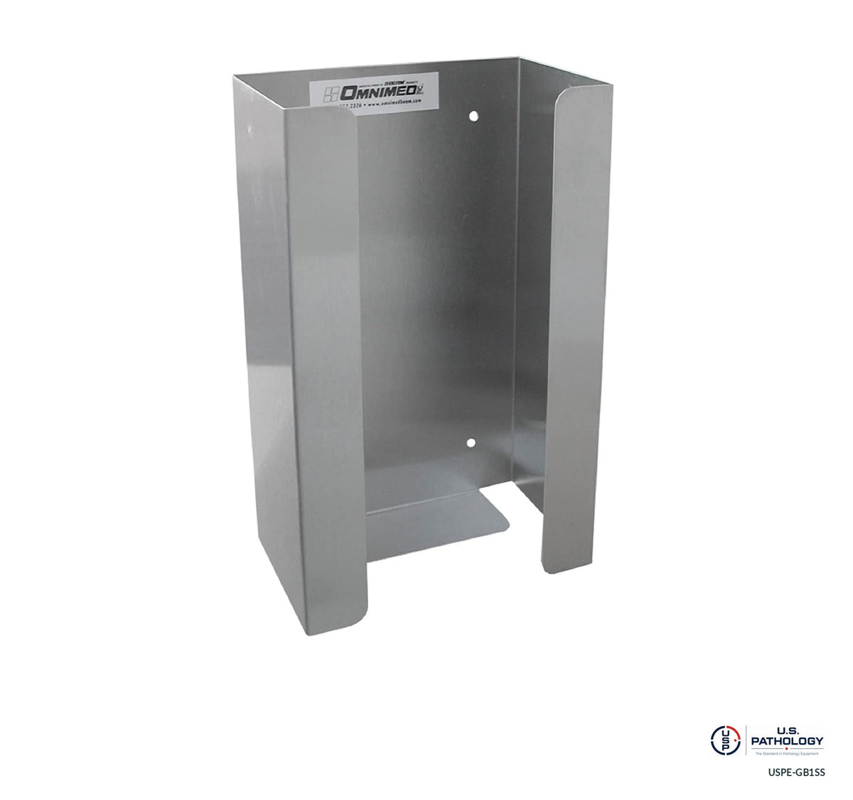 USPE Stainless Steel Single Glove-Box Holder; source-reference image with original safety labels retained; final supplied USPE assembly and glove carton fit unverified