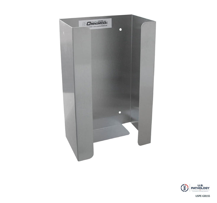 USPE Stainless Steel Single Glove-Box Holder; source-reference image with original safety labels retained; final supplied USPE assembly and glove carton fit unverified
