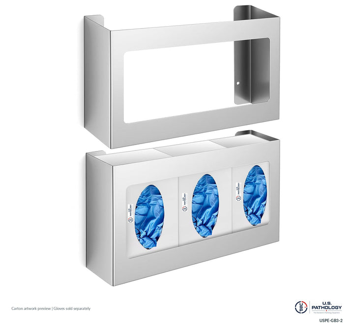 USPE Triple Glove-Box Holders | Two-Holder Pack; source-reference image with original safety labels retained; final supplied USPE assembly and glove carton fit unverified