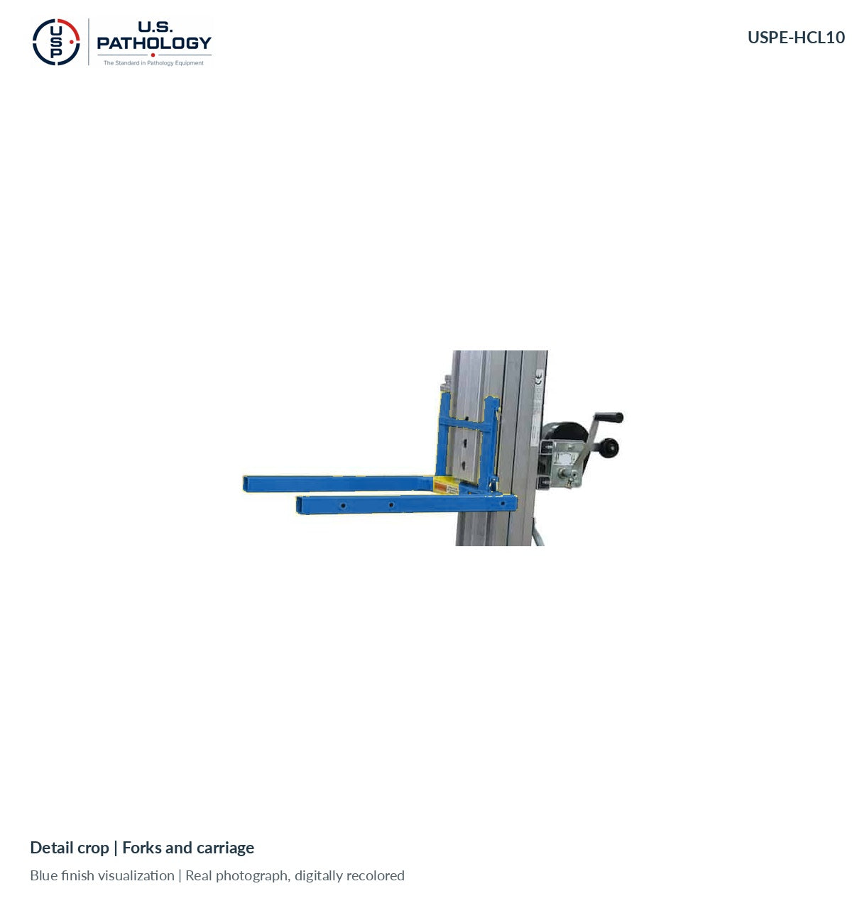 USPE-HCL10 fork detail, crop of the same real reference photograph; proposed blue finish