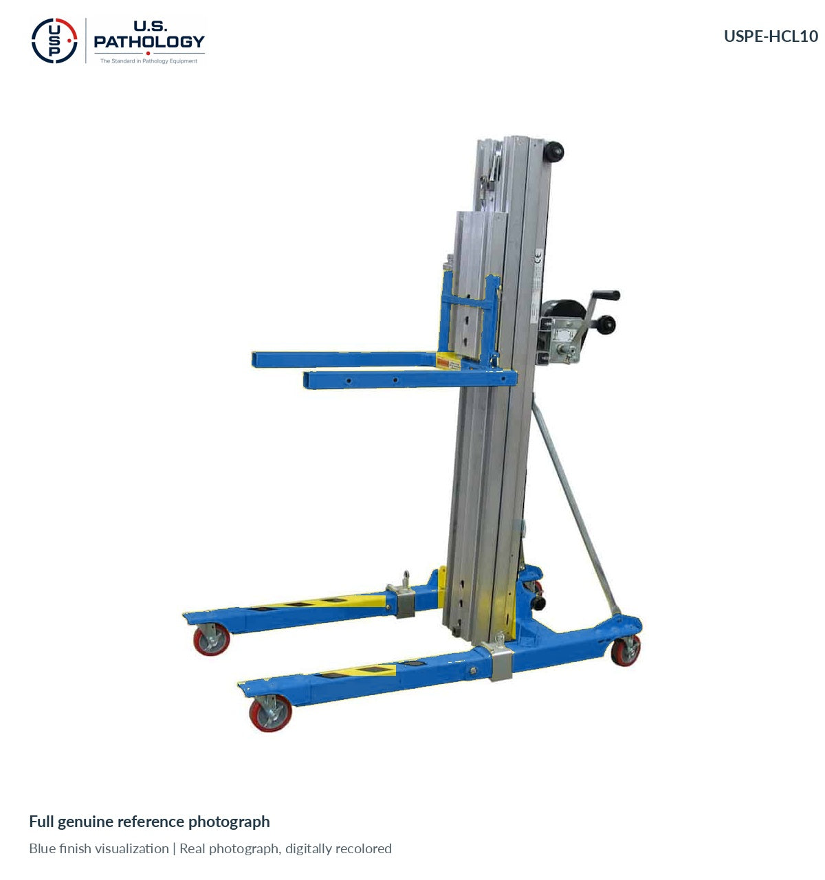 USPE-HCL10 hand-crank cadaver lift, genuine reference photo with proposed blue finish; supplied configuration unverified
