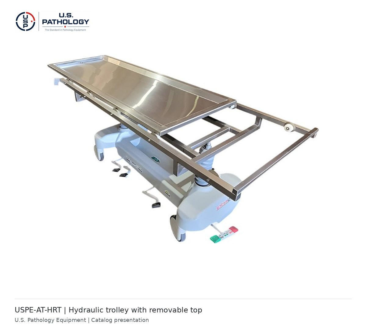 USPE-AT-HRT hydraulic autopsy trolley with removable top, actual equipment view 1