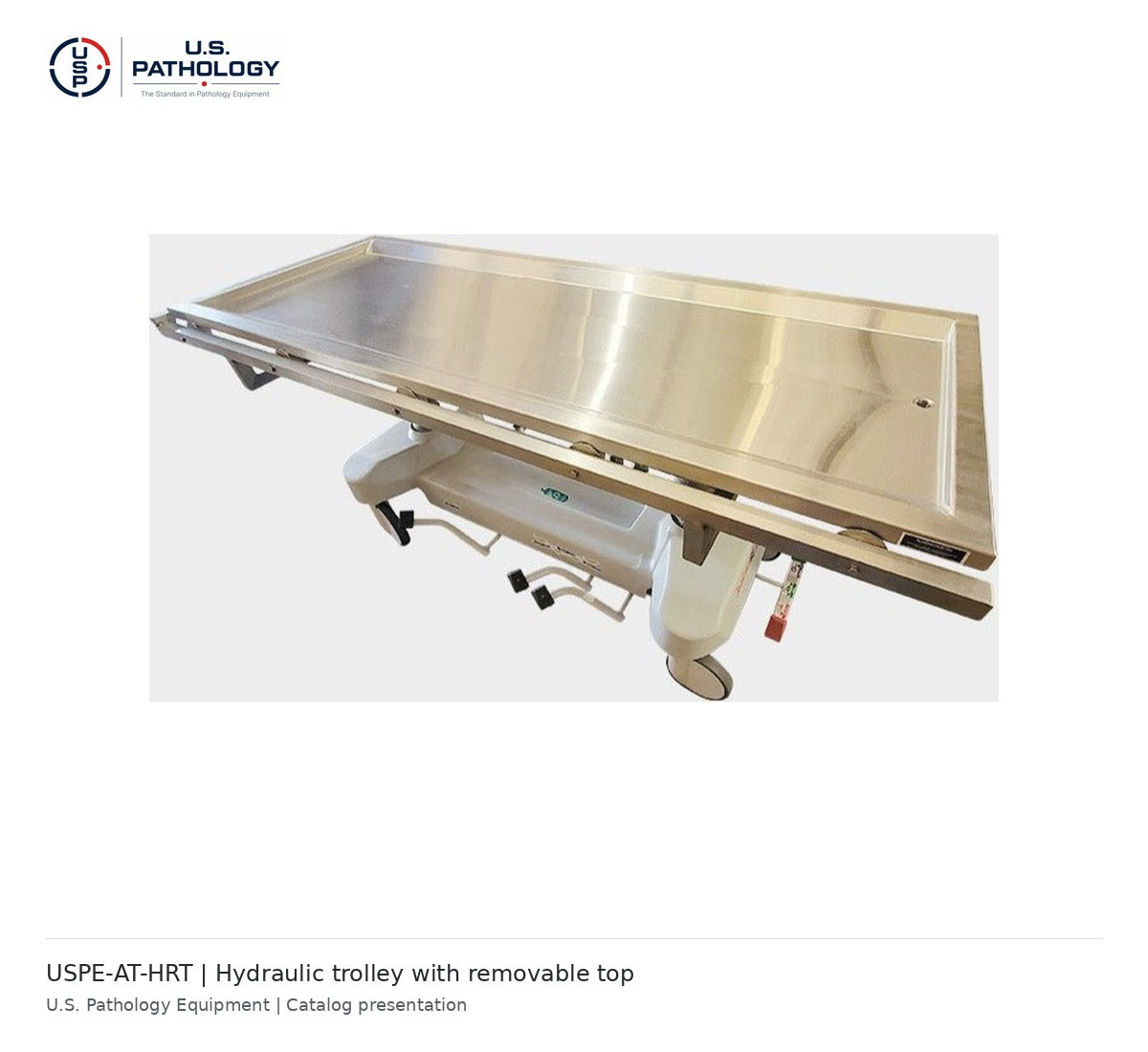 USPE-AT-HRT hydraulic autopsy trolley with removable top, actual equipment view 2