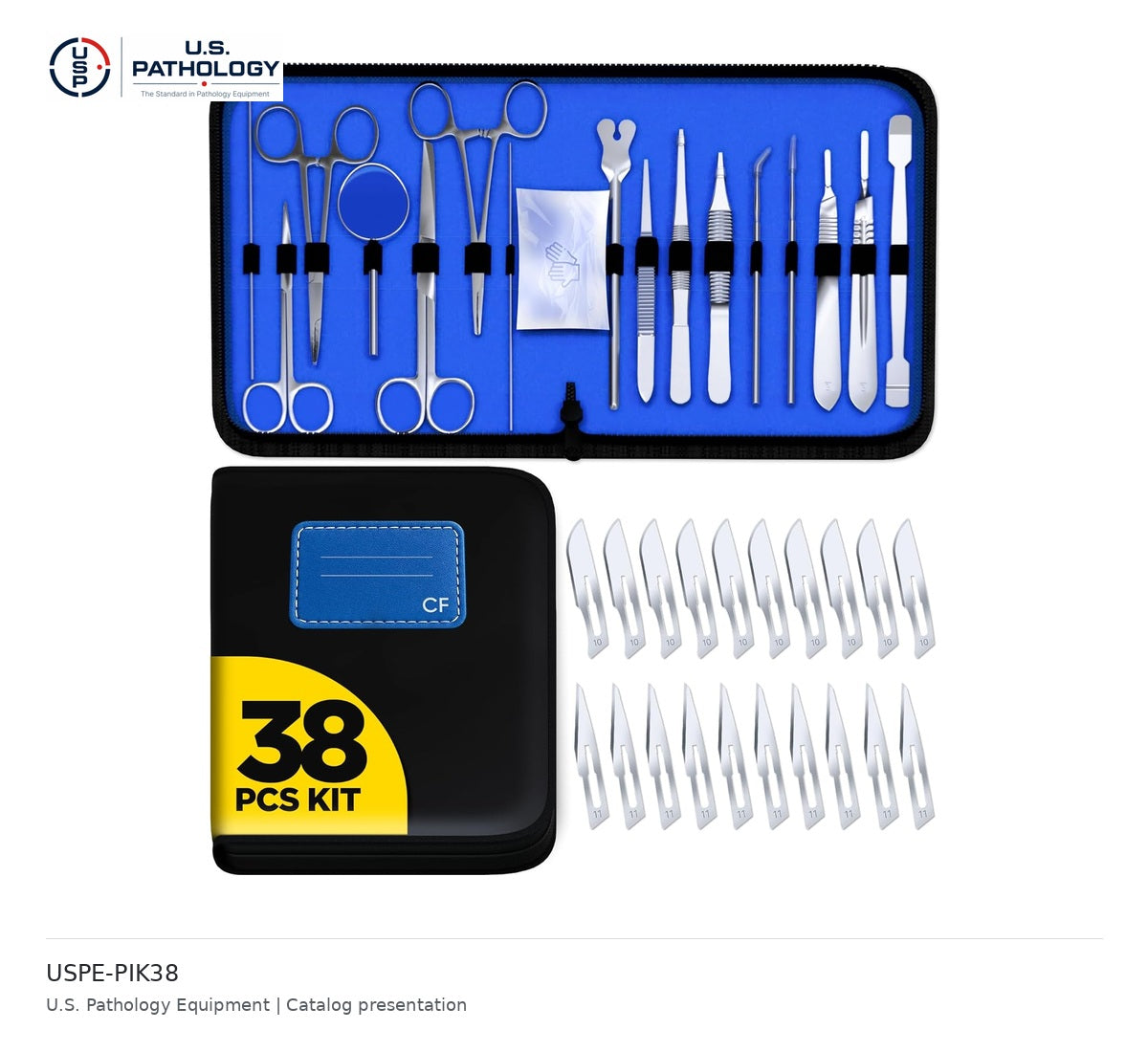 USPE Pathology Instrument Starter Kit, 38 Pieces – 18 reusable tools plus 20 blades – catalog reference USPE-PIK38; USPE catalog presentation