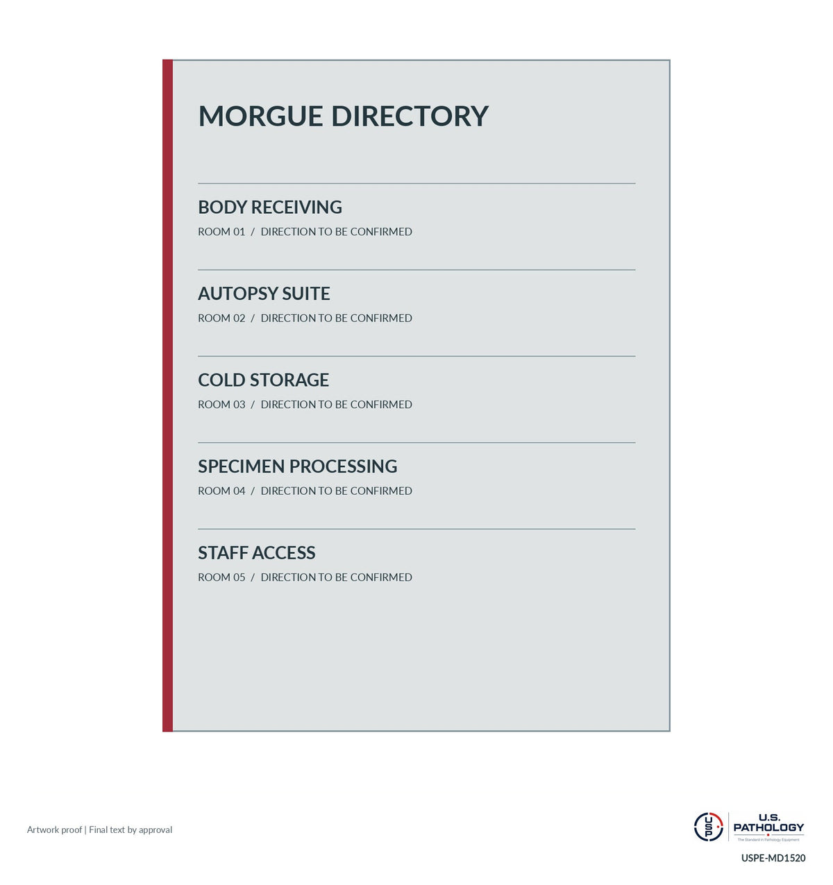 USPE Morgue & Forensic Services Directory, Silver-gray original flat artwork proof; sample wording, requested size and final construction subject to proof approval