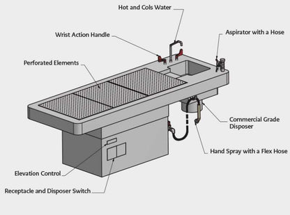 USPE-AT-PED pedestal autopsy table features: aspirator, disposer, spray hose, elevation control