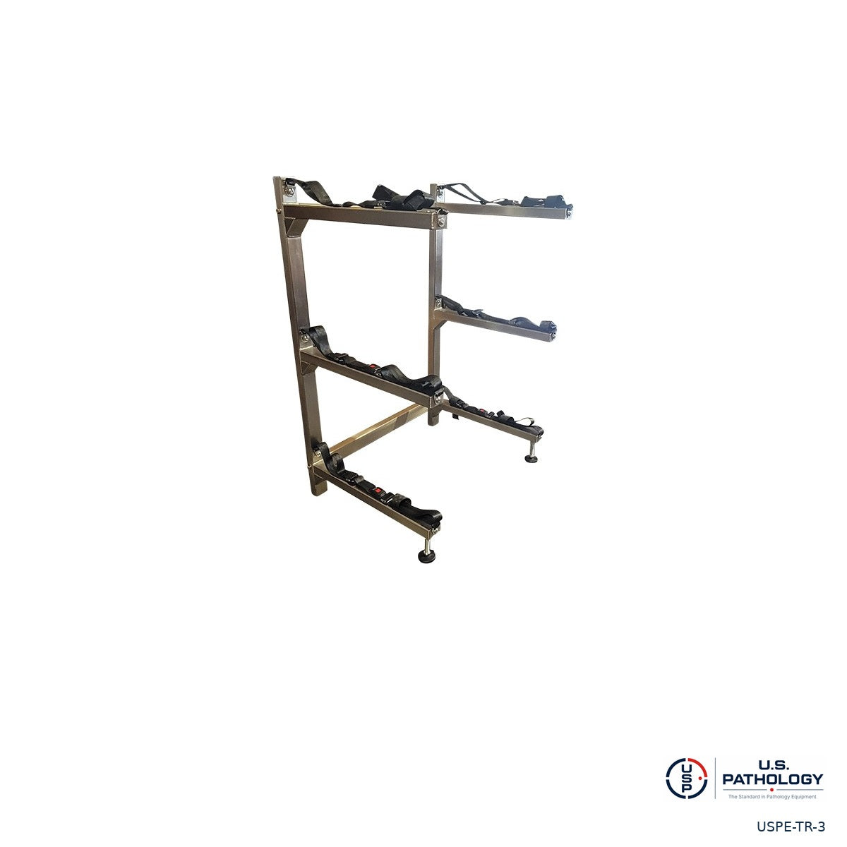 USPE 3-tier portable stainless steel cantilever truck rack with belts, angled view