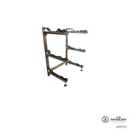 USPE 3-tier portable stainless steel cantilever truck rack with belts, angled view